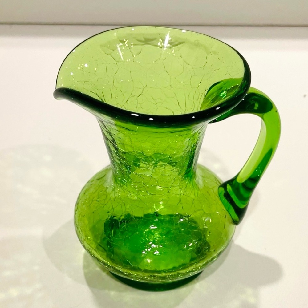 Petite Green Pitcher Vase or Jar. 4”H Handblown Crackle Glass.